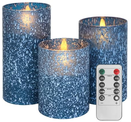 Blue Flameless Candles, Battery Operated Candles, 2024 LED Indoor Blue Glass Flameless Candles with Remote & Timer for Bedroom, Home, Wedding, Birthday Party Halloween Decorations,H 4 5 6,Set of 3