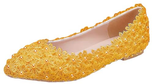 Jamron Womens Elegant Pointed Toe Flower Lace Pearls Bridal Shoes Pumps Soft Sole Ballet Flats Yellow SN070435 UK6.5