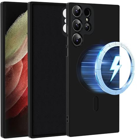 TVVTPU Flüssig Silikon Handyhülle für Samsung Galaxy S22 Ultra 5G Hülle, Kompatibel mit MagSafe Zubehör, Stoßfest Kratzfest Anti-Fingerabdruck Magnetisch Schutzhülle Case - Schwarz