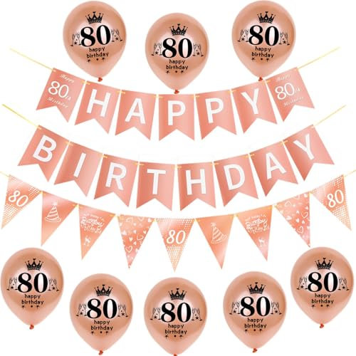 Rosegold Girlande Happy 80th Birthday Banner +80th Geburtstag Triangle Flag Banner + 8 pcs Happy 80th Birthday luftballons 80.Geburtstag deko für Frau Mädchen,80 Frauen party dekoration