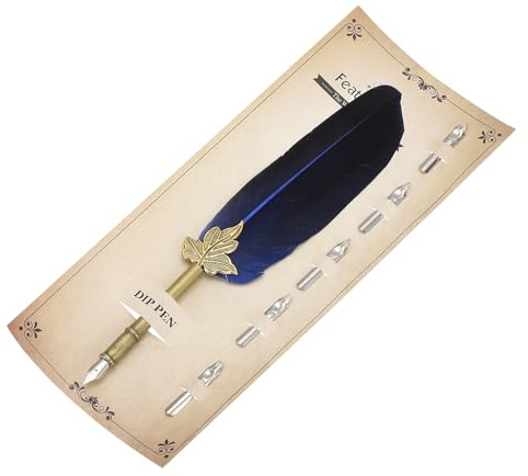 PATIKIL Federstift, 9.4/24cm Vintage Kalligraphie Stifte mit 5 Stück Schreibfeder, Gänsefedern Schönschreibfüller Feder zum Schreiben Büro Hochzeit Unterschriften, Blau