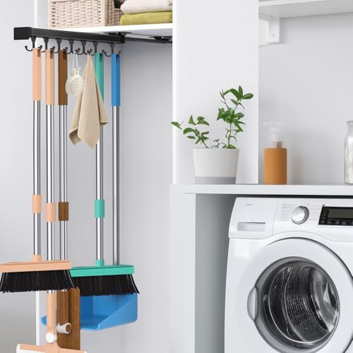 PrimZooty Ausziehbarer Besenhalter mit verstellbarem, zweireihigem Schiebehaken, multifunktionaler Schiebebesen und Wischmopp, Aufbewahrung/Organizer, Garage, Organisationshaken, für Schrank, Wäsche