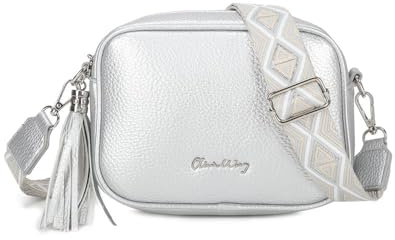 Bolso bandolera mujer pequeño de cuero PU con dos bandoleras bolso mensajero para cruzar polipiel regalo original para mujer (Plateado)