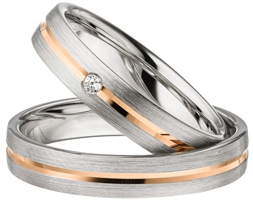 Kolibri Rings Eheringe Paar-Set 925 Silber rhodiniert, Längsmatt Rot vergoldete Glanzfuge mit Zirkonia | Partnerringe, Trauringe Paarpreis | Made in Germany + Gratis Gravur + Etui
