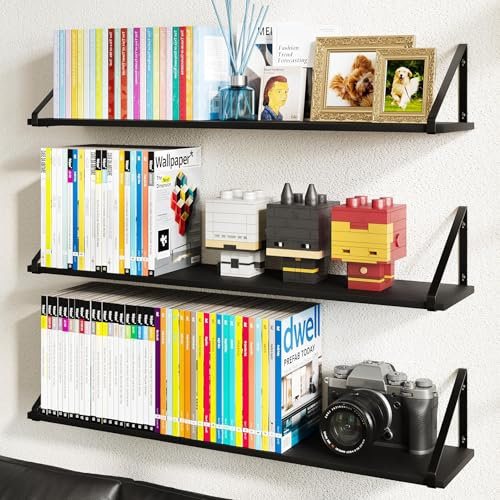 BAMEOS 91.4x19.5x1.2 cm Tiefere Schwebende Regale für Wand, Rustikale Holz-Wandregale 3-Set, Wand-Bücherregal Wohnzimmer, Schlafzimmer, Schwarze Bücherregale für Dekoration, Große Wandregale