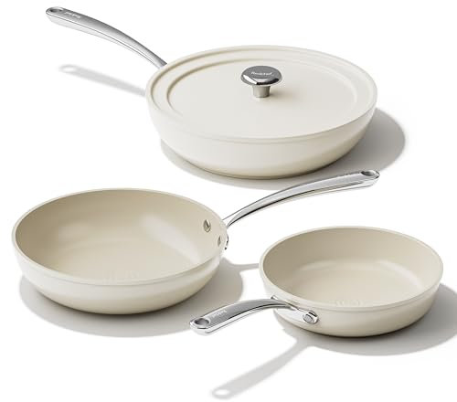 Redchef Ceramic Frying Pans, 4-Piece Non Stick Frying Pans, Non Toxic Skillet with Lid, Ceramic Cookware Set, 8 9.5 11 Egg Saute Pan, PFAS & PTFE & PFOA Free, Dishwasher & Oven Safe, Beige White