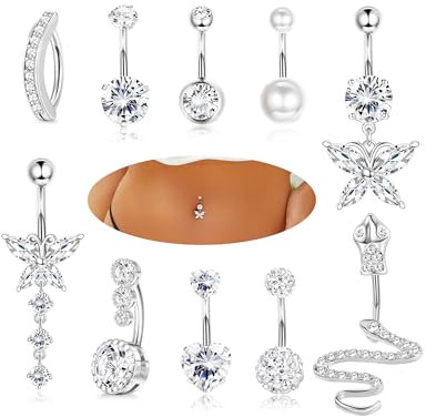YADOCA 10Pcs 14G Bauchnabelpiercing Chirurgenstahl Silber Piercing Bauch CZ Schmetterling Schlange Clicker Lang Bauchnabelpiercing Ring Körper Piercing Schmuck