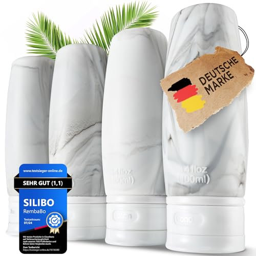 SILIBO Reiseflaschen zum befüllen (4x100ml), inklusive Reisetasche, handgepäck geeignet, Reise Must-Have, auslaufsicher, BPA frei, Beschriftungsring, Reise gadget, Reise set, Reise zubehör (weiß)