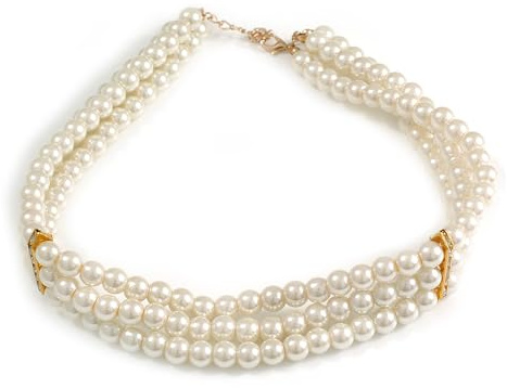 Avalaya Collana girocollo a tre file di perline di vetro bianco crema per balli, matrimoni, spose, feste, 38 cm di lunghezza, 4 cm di estensione, per collo più grande