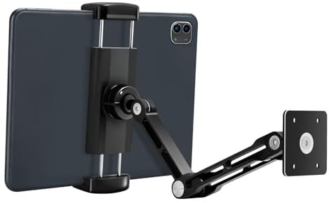 VINATO Supporto Tablet Muro Regolabile a 360° per Tablet, Allungabile Porta Tablet da Muro in Alluminio, Pieghevole Supporto da Parete per iPad Telefoni da 4,7-13, per Cucina Palestra Ufficio, Nero