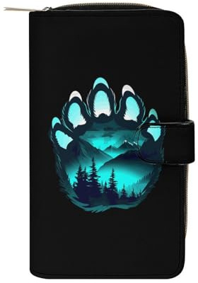 Bear Paw Silhouette Natur Baum Berg Damen PU Leder Geldbörse Lange Geldbörse Clutch Organizer für Büro Reisen
