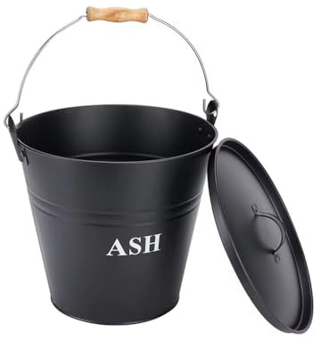 Optiproducts® 12L Black ASH COAL Bucket with Lid, Wooden Grip, Metal carry handle, Black Coated, Ideal for Fireplace Log Ash Firewood Burner Scuttle Storage Companion