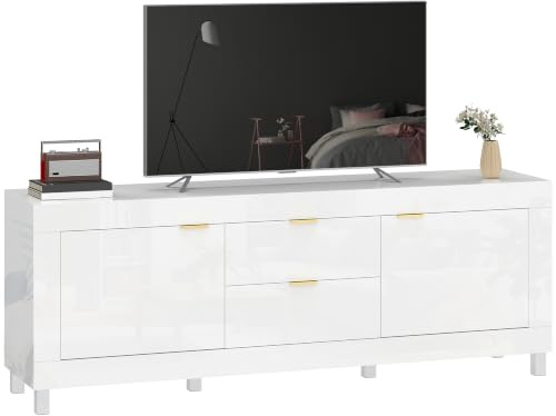 HOMCOM TV-Schrank Hochglanz für Fernseher bis 75 Zoll 180 x 40 x 66 cm Weiß | TV Lowboard, Fernsehtisch, 2 Soft-Close-Türen, Kabelmanagement, 2 Schubladen, Wohnzimmer, Schlafzimmer