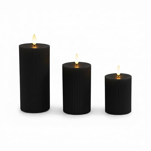 Relaxdays LED Kerzen, 3er Set, 3 Größen, flackernde Flamme, Echtwachs, mit Rillen, flammenlose Elektrokerzen, schwarz