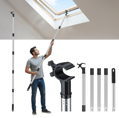 Hysagtek Window Pole Opener - 1.87m Stainless Steel Telescopic for Skylight Roof Windows and Blinds, Compatible with Velux GGL & GGU Skylight Roof Windows, Multi-Part Skylight Pole Opener with Hook