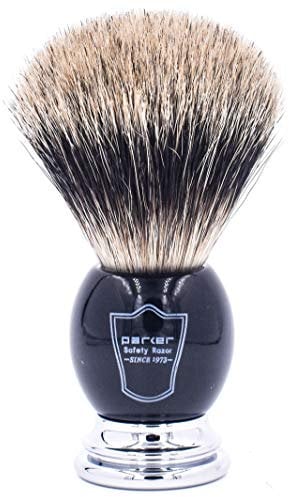 Parker Safety Razor Handmade DeluxeLong Loft 100% Pure Badger Shaving Brush with Deluxe Black & Chrome Handle - Brush Stand Included Black