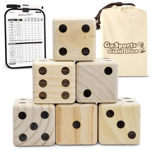 GoSports Set di Dadi Giganti in Legno da 8,9 cm con Tabellone Segnapunti Rollzee (Include 6 Dadi, Tabellone Segnapunti Cancellabile a Secco e Borsa per il Trasporto in Tela)