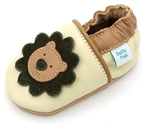 Dotty Fish Scarpine Unisex per Bambini e Neonati in Pelle a Piedi Nudi - Ragazzi e Ragazze, Disegni di Animali, Antiscivolo, Leggere, Flessibili, approvate dai podologi - Leone Crema 12-18 Mesi