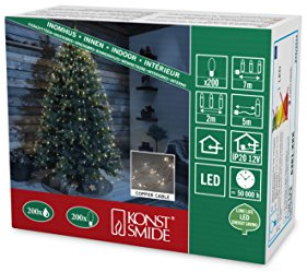 Konstsmide LED Tropfenlametta, 10 Stränge à 20 Dioden, 200 warm weiße Dioden, 12V Innentrafo, kupferfarbener Draht - 6381-160