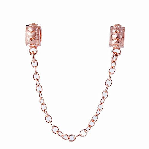 Charm in argento Sterling 925, con cuori e catenella, distanziatore con fermo, con chiusura di sicurezza, per braccialetti Pandora, per compleanno e anniversario Oro rosa