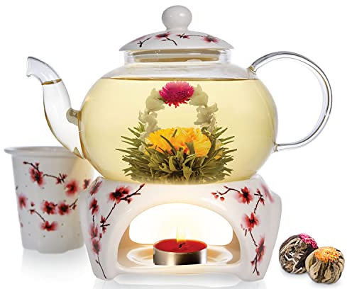 Teabloom Teekanne Cherry Blossom & Blütentee Geschenk Set (6 tlg.) - Herdplattensichere Glasteekanne (800 ml), Porzellandeckel, Teekannenwärmer, Porzellan-Tee-Ei für losen Tee + 2 Gourmet Blütentees
