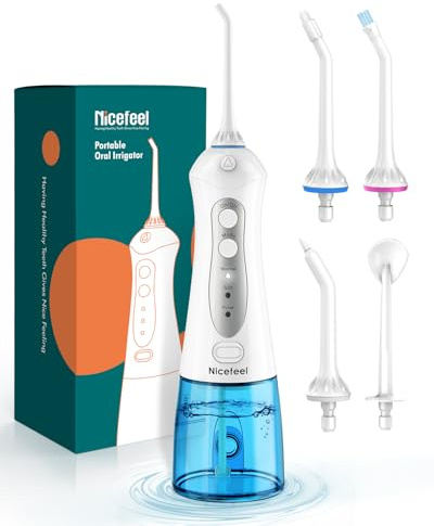 Cordless Water Flosser Teeth Cleaner, Nicefeel 300ML 2 Tip Cases Portable and USB Rechargeable Oral Irrigator for Travel, IPX7 Waterproof, 3-Mode Water Flossing with 4 Jet Tips for Home