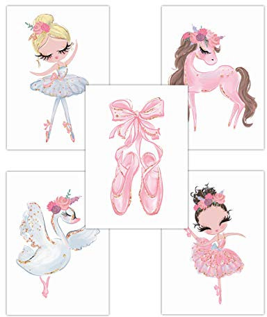 Pandawal Kinderzimmer deko Mädchen Wandbilder Ballerina Schwan/Pferd Rosa Bilder 5er Poster Set (T7) im DIN A4 Format