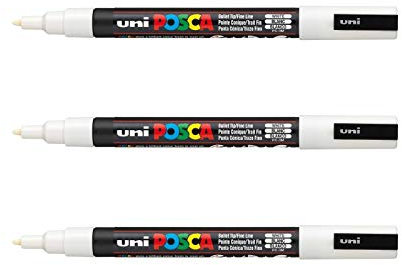 POSCA Mitsubishi Pencil - 3 Marqueurs Blanc PC3M - Pointe Conique Pointe Fine - Marqueur Peinture à Base d'Eau - Tout Support - Pour Papier, Textile, Verre, Galet, Bois, etc.