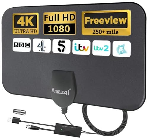 TV Aerial Indoor 250+ Miles Long Range, 4K Digital TV Aerial for Freeview TV,TV Antenna with Signal Booster and 5M Cable -for Local Channels