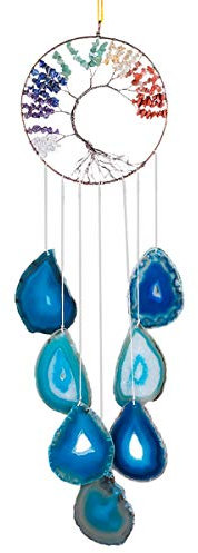 SUNYIK Windspiel, Baum des Lebens, Achat, handgefertigt, 7 Chakra-Steine, Heilkristall, Windspiel für Innen- und Außenbereich, Dekoration, 61 - 68 cm, Blau