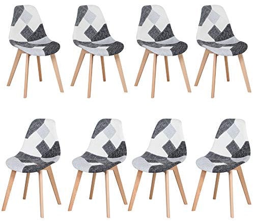 GrandCA HOME Lot de 8 chaises de Salle à Manger, Chaise de Style scandinave, chaises Patchwork, Chaise en Lin avec Pieds en Bois Massif pour Salle à Manger, Salon, Restaurant (Gris Noir et Blanc-8)