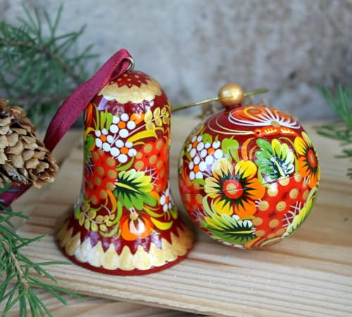 Exklusiver Weihnachtsschmuck Set Holz - Christbaumkugel und Glöckchen 6.5 cm Handbemalte Weihnachtskugel lässt sich öffnen, Traditionelles Petrykiwka- Kunsthandwerk, Old World Christbaumschmuck