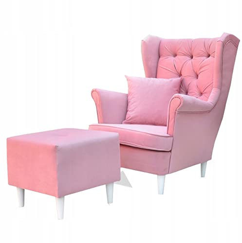 Family Meble Ohrensessel mit Hocker, Modell Gaja, Skandinavisch, Relaxsessel aus Webstoff, Loungesessel, Ohrensessel mit Hocker, Bequemer Sessel, Für Wohnzimmer, Esszimmer, Schlafzimmer, Bonbonrosa