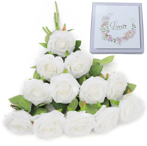 LVEFIT Künstliche Rosen, weiße Blumen, weiße Rosen, Seidenblumen, 12 Stück, mit langem Stiel, Seidenrosen, Blumenstrauß für Hochzeit, Brautparty, Party, Heimdekoration