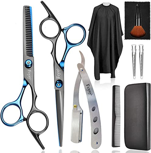 Friseurschere Haarschneideschere Effilierschere Set, Fcysy 10 Stk Professionell Friseur Schneide Kit, Schere Haare Schneiden Frisör Schere Haarschere Kinder Hund Effilierschere Friseur Profi- Blau