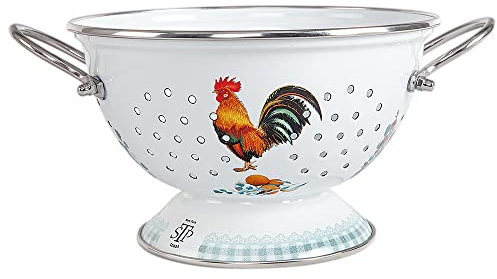 Enameled Aluminum Fine Mesh Strainer Drainer for Food Golden Rooster Enamel Colander / Strainer 2.6-qt. (2.5 L) Pasta Drainer with Handle Rice Strainer