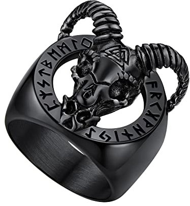 U7 Herren Schädel Ziegenkopf Ringe Statement Ring Edelstahl Wikinger Bandring Satanic Runenring Casual Modeschmuck Street Style Accessoire für Männer Jungen(Ring Größe 54)