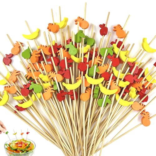 WZYTEU 200 Pièces Brochette en Bois, 12cm Pique Brochette Bois pour Cocktail, Fruits, Dessert, Gâteau, Grill, Sandwichs, Apéritifs(Couleur Mélangée)