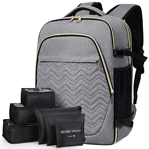 Lekespring Große Rucksack Handgepäck für Damen, 17 Zoll Laptop Rucksack Reiserucksack Business Rucksack mit 6 Teilige Kleidertaschen für Urlaub Business Arbeit Reisen, Grau