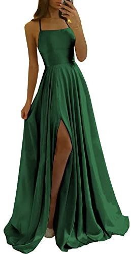 Sincemeet Robes de Bal en Satin à Bretelles Spaghetti Robe de soirée Longue sans Manch Dos Nu Robe de soirée de Mariage avec Fente
