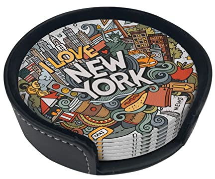 Lot de 6 dessous de verre ronds en cuir avec motif de New York - Convient pour diverses tasses, tables en bois, décoration d'intérieur