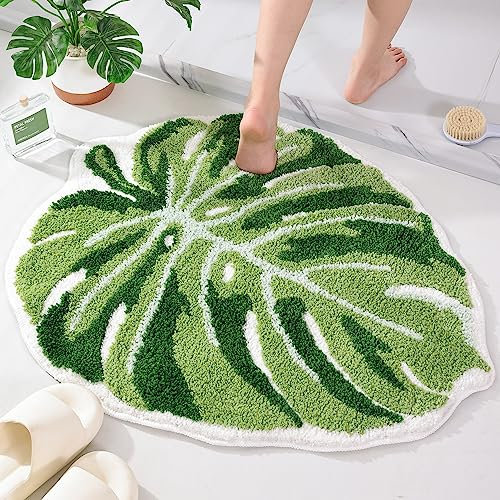 Panstar Große Monstera-Blatt-Badematte, rutschfest, grüne Pflanze, Badezimmerteppich, saugfähig, niedliche Palmenform, Badematte, Plüsch, Duschteppich, 81,3 x 66 cm