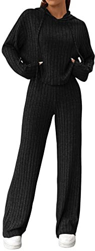 GORGLITTER Hose Und Pullover Set Damen Strick Set Zweiteiler Outfit Langarm Hoodie Und Hose Set Jogginganzug Freizeitanzug Schwarz S
