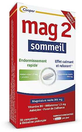 MAG 2 – Sommeil - Magnésium marin 300mg, mélatonine 1,9mg et extraits de plantes -Endormissement rapide, effet calmant et relaxant - Complément alimentaire - Programme de 15 à 30 jours - 30 comprimés