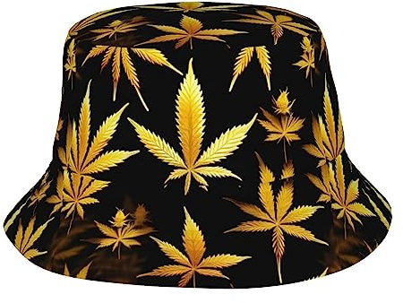 Fischerhut, Unisex, für alle Jahreszeiten, für Erwachsene, goldener Cannabis-Druck, Sonnenhut, Outdoor, Reisen, Strand, Sonnenhut, Goldener Cannabis, M/Einheitsgröße