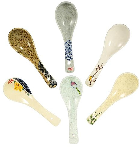 BESTonZON 6pièces Lot De Cuillères À Soupe Japonaises Céramique Cuillères À Soupe Courtes Cuillères Décoratives Pour Ramen Pho Et Miso Style Asiatique De Cuillères Céramique