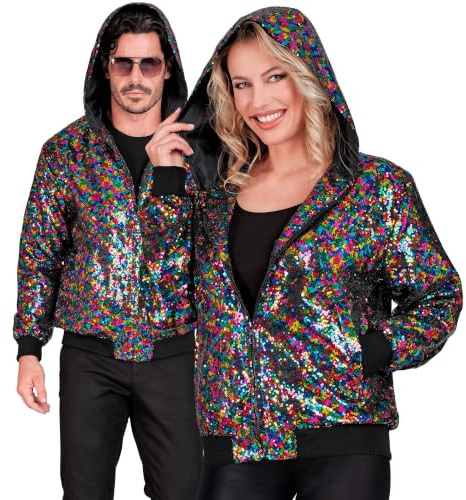 W WIDMANN MILANO Party Fashion - Pailletten Bomberjacke | mit Kapuze, Glitzer Jacke Erwachsene für Karneval, Festival, Mottoparty und auffällige Party-Outfits