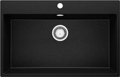 PRIMAGRAN Fregadero Cocina Negro Metallic 78x50cm, Granito 1 Seno + Sifón, Sobre encimera al mueble 80cm - Riga