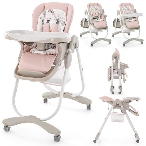 COSTWAY High Chair for Babies and Toddlers, Adjustable & Folding Baby Highchair with Lockable Wheels, Removable Double Trays, 5 Point Harness, Storage Basket (Pink)