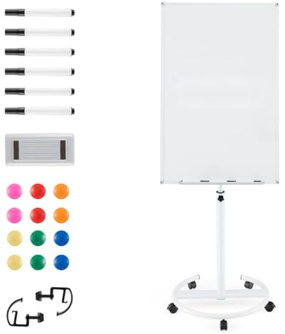 SFAREST Easel Style Whiteboard, 100 x 65 cm Height Adjustable Magnetic Whiteboard with Stand, Paper Clips, Magnets, Markers and Eraser, Mobile Flip Chart White Board for Home Office Classroom (White)